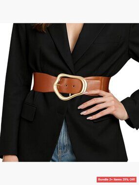 Wide Stretch Belt with Gold Buckle for Dresses and Tops, Adjustable 24-50 Inch